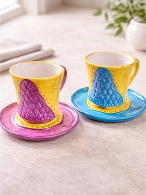 Set of 2 Tea cup with Saucer - Bright Color Blue & Purple - 2003 CBK